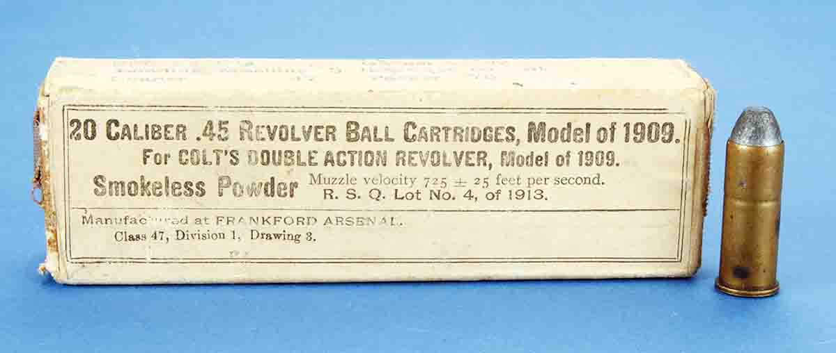 As this box of ammunition for Colt’s Model 1909 revolver shows, rated velocity was 725 fps, plus or minus 25 fps.
